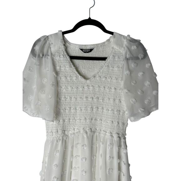BTFBM Dress Women's Medium White Smocked Swiss Dot V Neck Short Sleeve Bohemian - Picture 2 of 11
